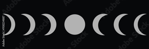 Moon phases astronomy icon silhouette symbol set. Full moon and crescent sign logo. Vector illustration. Isolated on background.