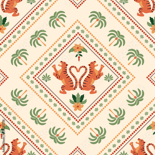 Summer ceramic tile pattern with tropical palm tree, Asian tiger animal, checkered geometric shapers. Cute vector jungle print, funny beach background, damask rhombus ornament, textile design, mosaic