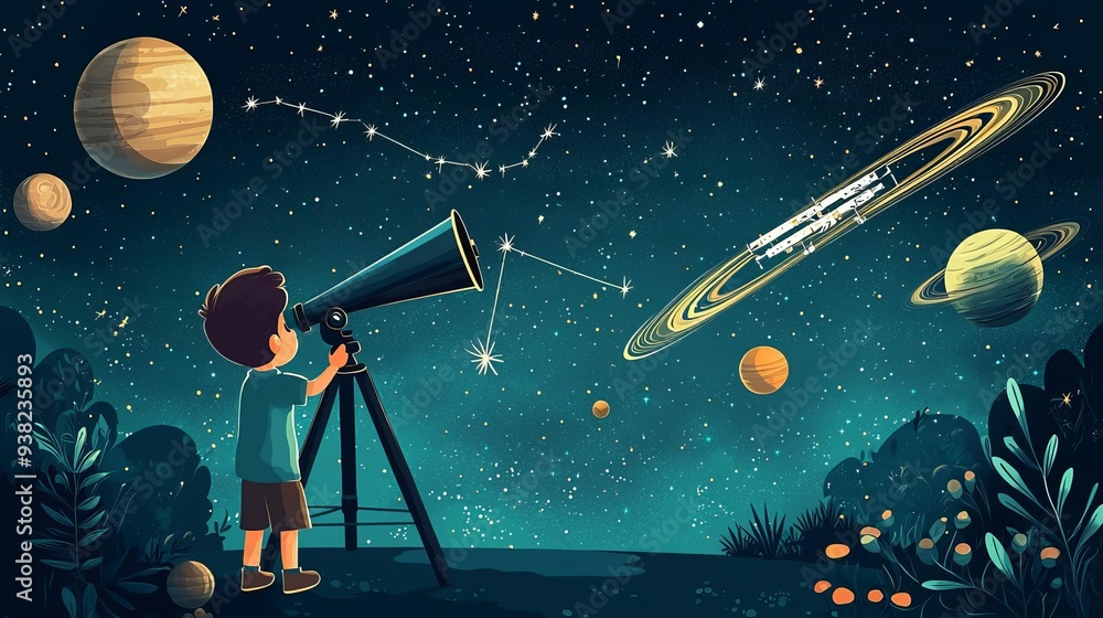 Naklejka premium World Space Week celebration Capture the wonder of space exploration by illustrating a child looking through a telescope