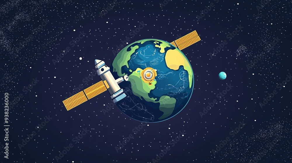 World Space Week collaboration Earth seen from space, global communication concept, flat design illustration World Space Week collaboration Earth seen from space, global communication concept, flat design illustration