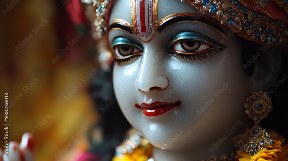 A detailed portrait showcases Lord Krishna adorned in traditional attire, featuring serene expressions and intricate embellishments against a vibrant background A detailed portrait showcases Lord Krishna adorned in traditional attire, featuring serene expressions and intricate embellishments against a vibrant background