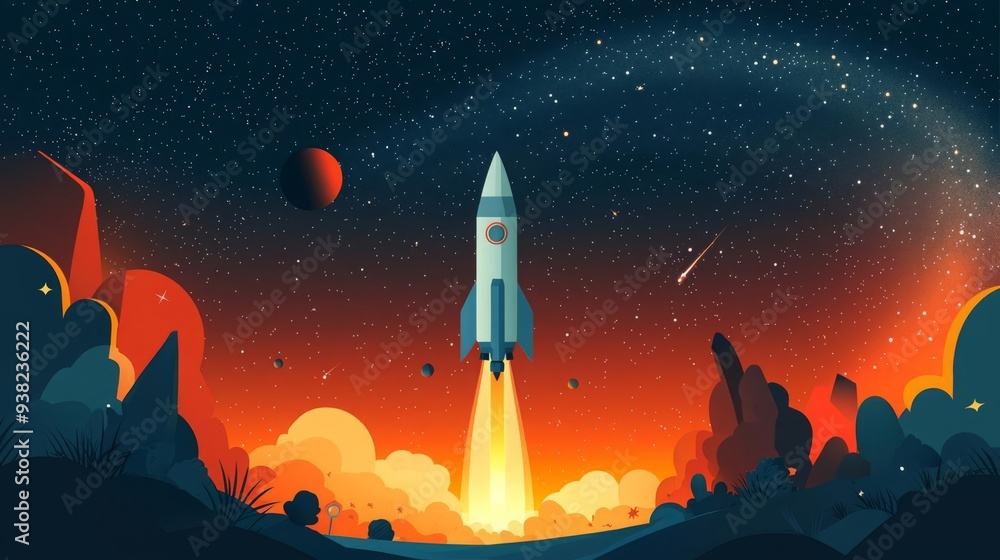 World Space Week events Space rocket launching, starry night sky, flat design illustration World Space Week events Space rocket launching, starry night sky, flat design illustration