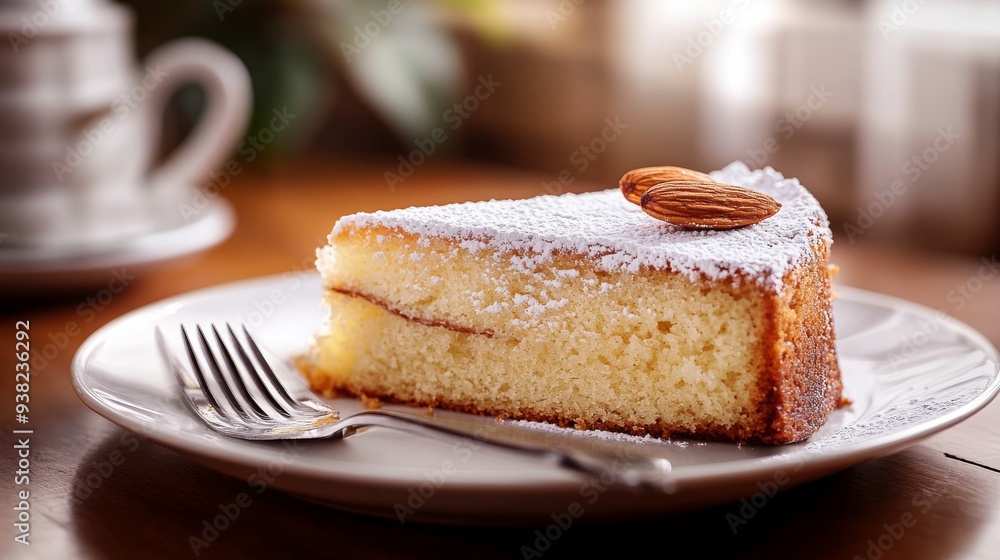 A decadent slice of almond cake, adorned with a light dusting of powdered sugar, rests on a plate beside a fork, inviting a delightful moment of sweet indulgence A decadent slice of almond cake, adorned with a light dusting of powdered sugar, rests on a plate beside a fork, inviting a delightful moment of sweet indulgence