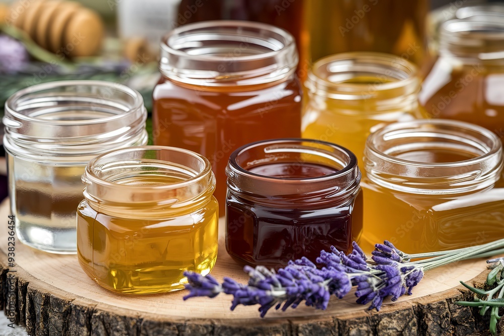 A close-up photo of an assortment of different types of honey A close-up photo of an assortment of different types of honey