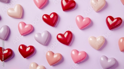 Small heart shapes in shades of red, pink, and purple are arranged artfully on a light pastel background, creating a playful and romantic atmosphere perfect for celebrations