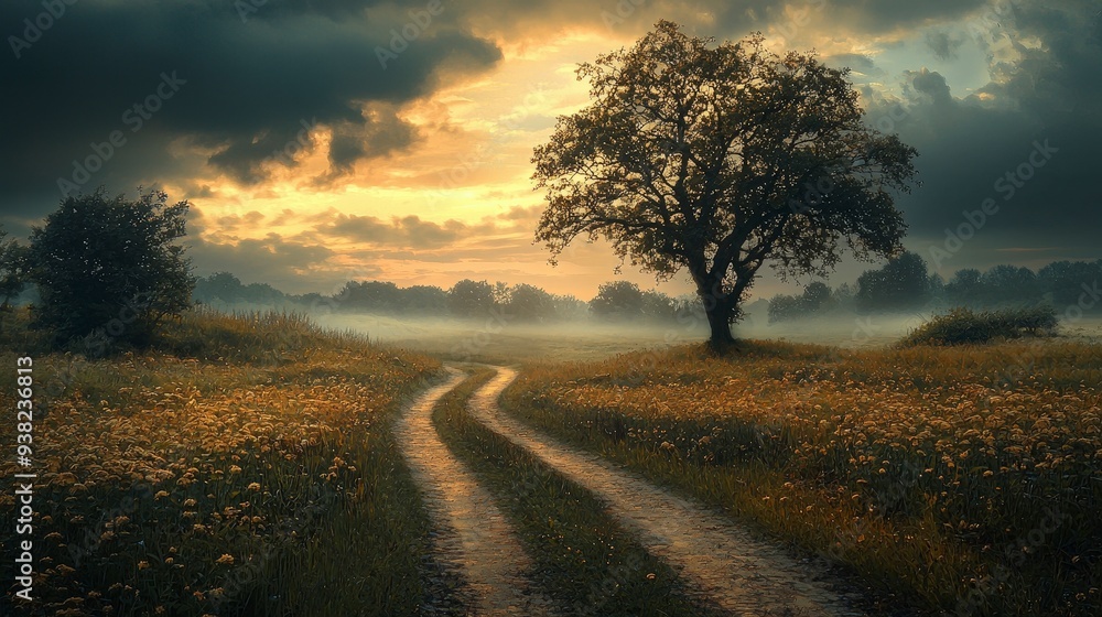 A winding dirt road leads through a misty field towards a lone tree silhouetted against a dramatic sunset sky. A winding dirt road leads through a misty field towards a lone tree silhouetted against a dramatic sunset sky.