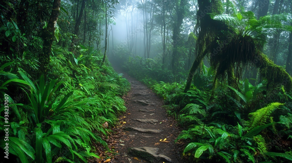 A stone path through a dense rainforest with lush ferns, trees, and fog. A stone path through a dense rainforest with lush ferns, trees, and fog.