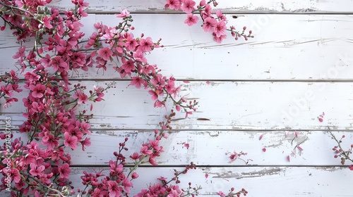 Flowers Composition for Celebration with Pink Plants on Old White Wooden Background. AI generated illustration photo