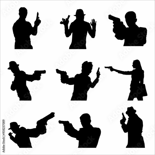 A collection of silhouettes of people with a gun