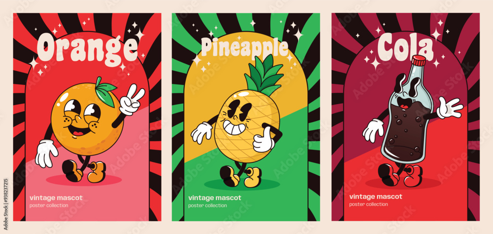 Fototapeta premium Three Poster Collection Vintage Groovy Mascots Orange Pineapple Cola