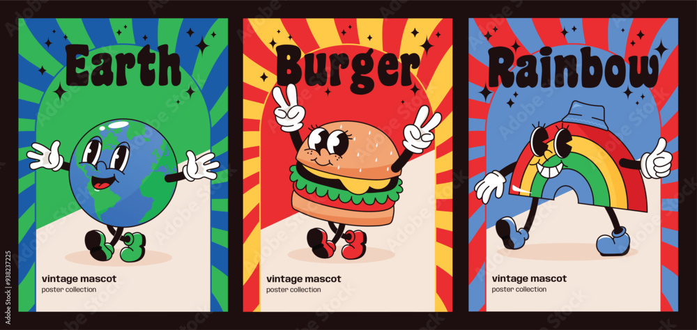 Fototapeta premium Three Poster Collection Vintage Groovy Mascots Earth Burger Rainbow