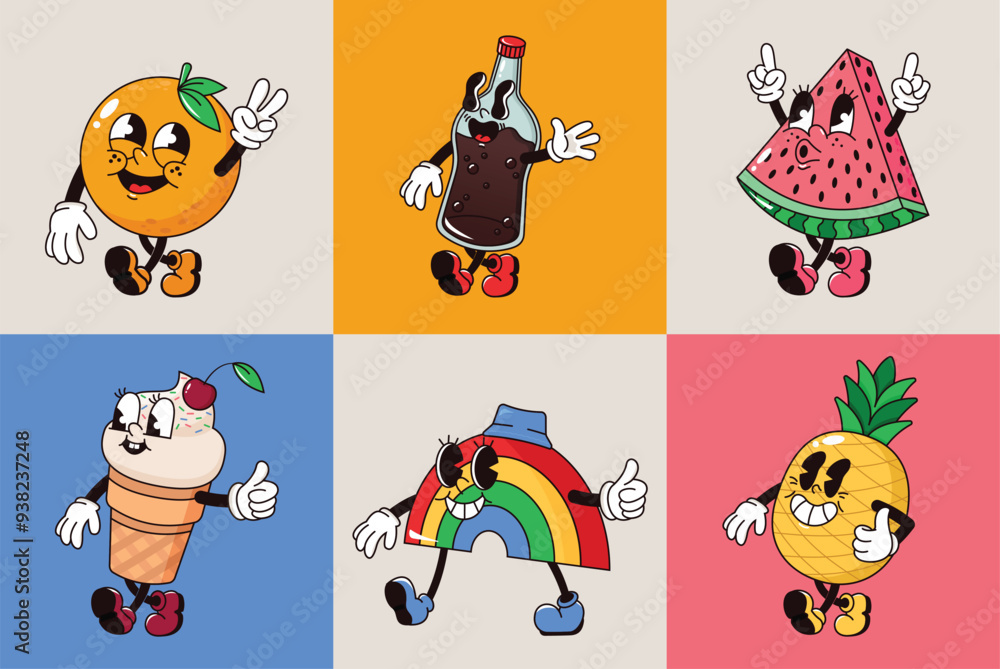Fototapeta premium Six Vintage Groovy Mascot Collection Orange Cola Watermelon Ice Cream Rainbow Pineapple