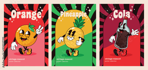 Three Poster Collection Vintage Groovy Mascots Orange Pineapple Cola