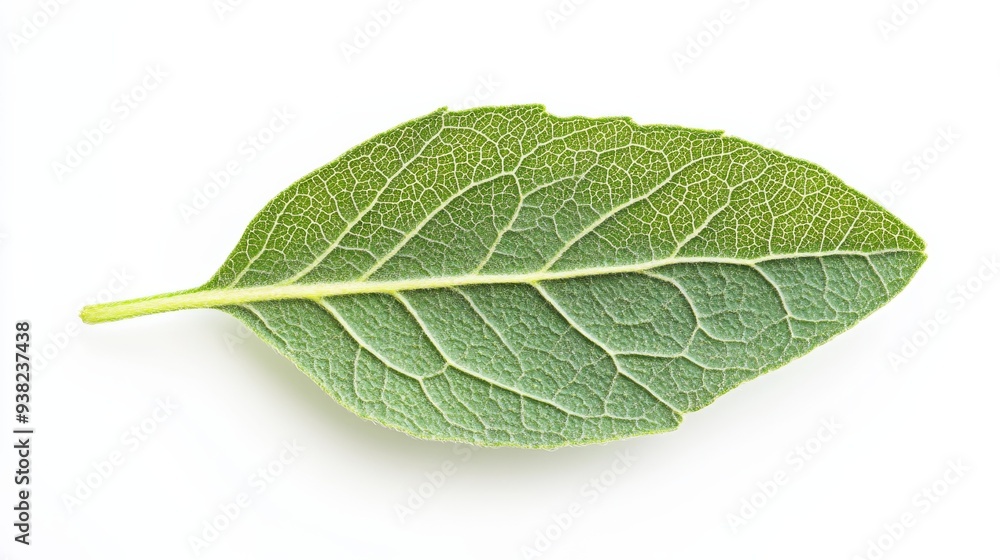 Obraz premium A single St John's Wort leaf is displayed against a bright white background, highlighting its detailed texture and deep green hue, emphasizing nature's beauty