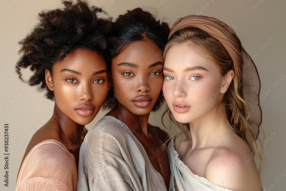 Obraz premium Portrait of Unity: Three Women of Diverse Ethnic Backgrounds Embracing Harmony