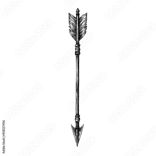 Vintage-style hand-drawn illustration of an ornate arrow with feathered fletching and a decorative arrowhead, PNG cutout transparent background. photo