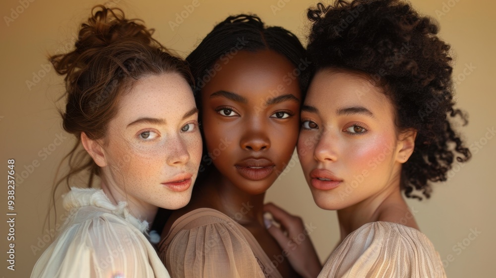 Portrait of Unity: Three Women of Diverse Ethnic Backgrounds Embracing Harmony
Portrait of Unity: Three Women of Diverse Ethnic Backgrounds Embracing Harmony
