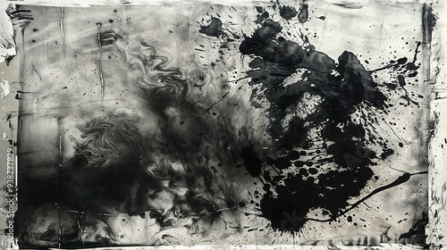 Abstract black and white ink splatters and smudges on textured background, creating grunge and chaotic artistic effect