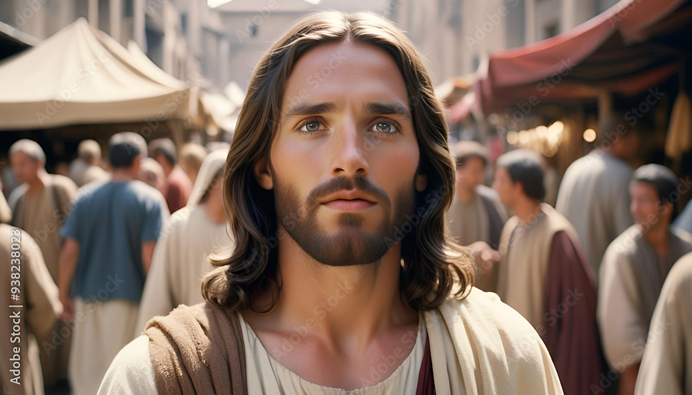 Obraz premium Jesus Close-Up with a Bustling Ancient Marketplace Background, Blurred People and Stalls in the Distance - Evocative Religious Art Blending Spirituality with Historical Urban Life