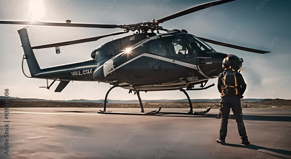 Helicopter pilot next to a helicopter. Helicopter pilot next to a helicopter.