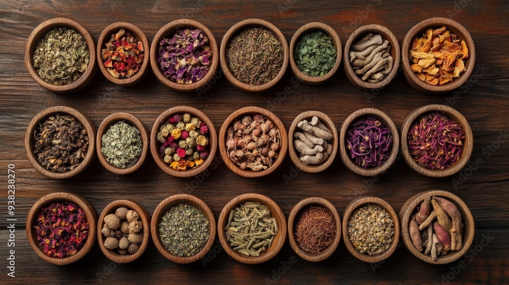 A variety of dried herbs and roots are arranged neatly in rustic wooden bowls, creating an inviting display on a wooden surface, emphasizing their natural textures and colors A variety of dried herbs and roots are arranged neatly in rustic wooden bowls, creating an inviting display on a wooden surface, emphasizing their natural textures and colors