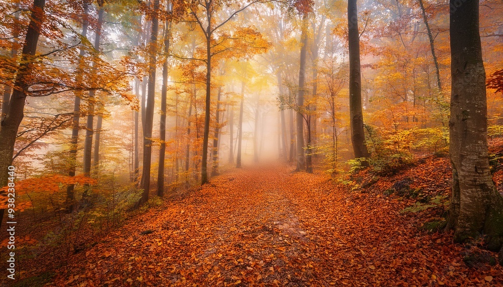 Obraz premium Serene Autumn Forest Landscape with Misty Trail and Vibrant Foliage