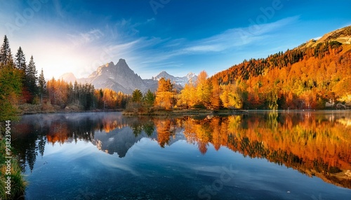 Serene Autumn Mountain Landscape with Reflective Lake and Vibrant Foliage at Sunrise