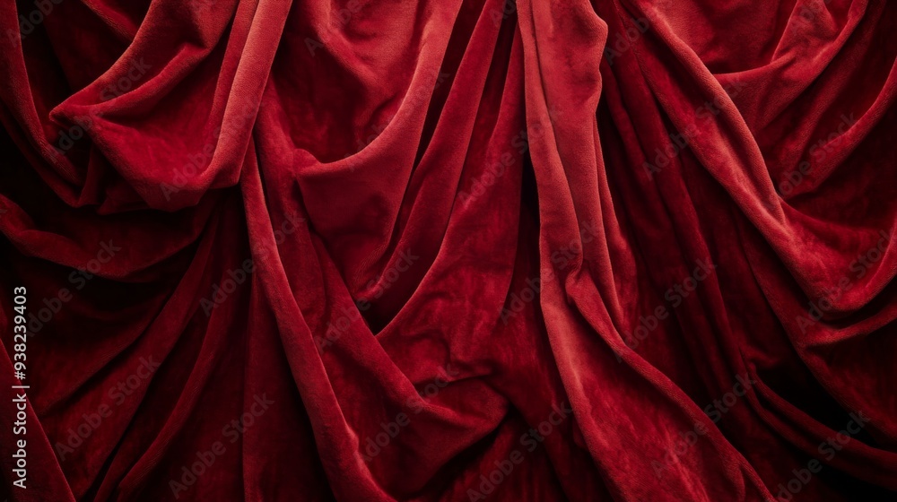 Deeply textured rich red velvet curtains hang in elegant folds, offering a luxurious backdrop for theatrical performances or upscale events, enhancing the ambiance Deeply textured rich red velvet curtains hang in elegant folds, offering a luxurious backdrop for theatrical performances or upscale events, enhancing the ambiance