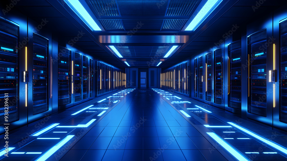 Fototapeta premium Futuristic server room with blue neon lights and rows of servers.