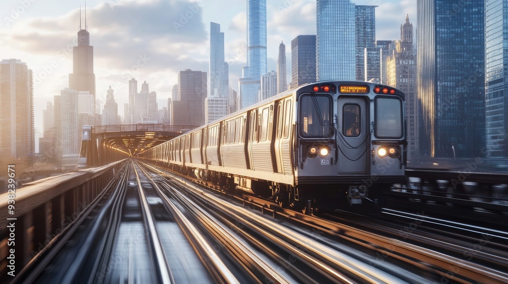 Naklejka premium A sleek modern train travels swiftly over an elevated railway bridge, showcasing the dynamic architecture of Chicago's skyline during the golden hour