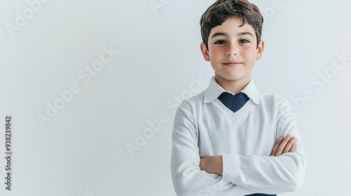 A confident middle schooler in uniform, standing on a plain white backdrop with ample room for text. photo