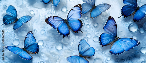 Multiple blue morpho butterflies with wings spread on a light blue background with raindrops.