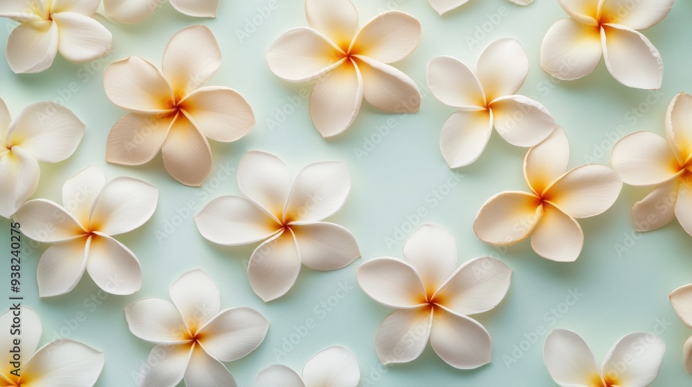 Naklejka premium Frangipani flowers are artistically arranged in a symmetrical design on a gentle background, creating a calming and beautiful display of nature's elegance