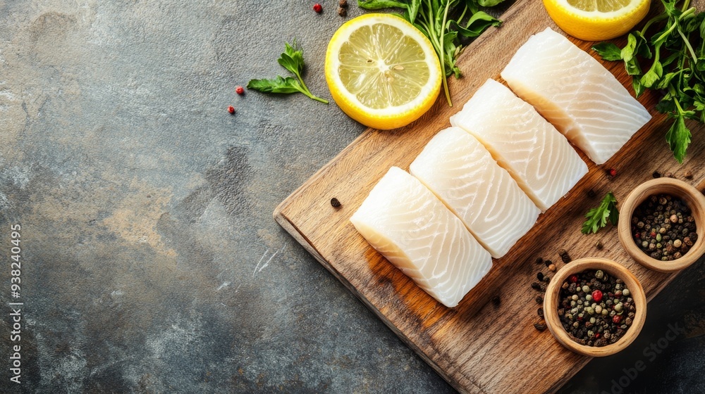 Fresh organic hake fish slices are neatly arranged on a wooden cutting board, accompanied by lemon wedges and herbs, ready for culinary use or presentation Fresh organic hake fish slices are neatly arranged on a wooden cutting board, accompanied by lemon wedges and herbs, ready for culinary use or presentation