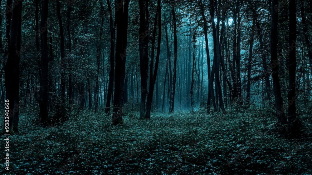 Obraz premium Under the cover of night, a dense forest reveals tall, shadowy trees bathed in faint moonlight, creating an atmosphere of mystery and intrigue
