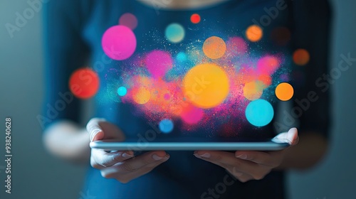 A person holding a tablet, with colorful speech bubbles popping out of the screen, symbolizing communication and technology.