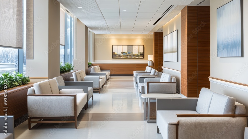 Fototapeta premium This hospital waiting area features modern design elements, including comfortable seating, soft lighting, and greenery to create a serene atmosphere for visitors