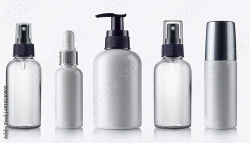 set blank templates of empty and clean white plastic containers bottles with spray, dispenser and dropper, cream jar, tube. Realistic mock-up of cosmetic.