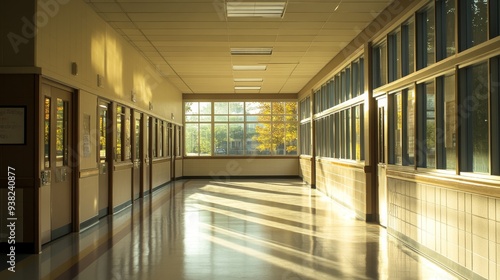 The corridor showcases several classroom doors along with large windows allowing sunlight to filter in, creating a peaceful atmosphere during an afternoon at school