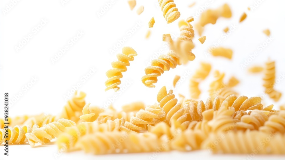 Close-up of uncooked spiral pasta falling on a pile of pasta. Close-up of uncooked spiral pasta falling on a pile of pasta.