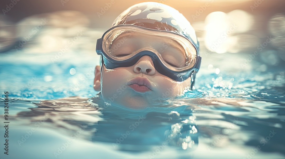 Naklejka premium A young swimmer in a cap and goggles, kissing the water during a fun and educational swimming lesson.