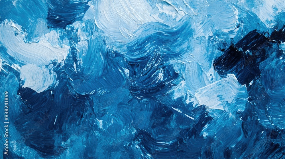 Fototapeta premium Abstract blue paint texture from a top view, with brushstrokes and patterns blending harmoniously.