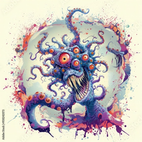 Hand drawn octopus monster illustration for full print t-shirt design,