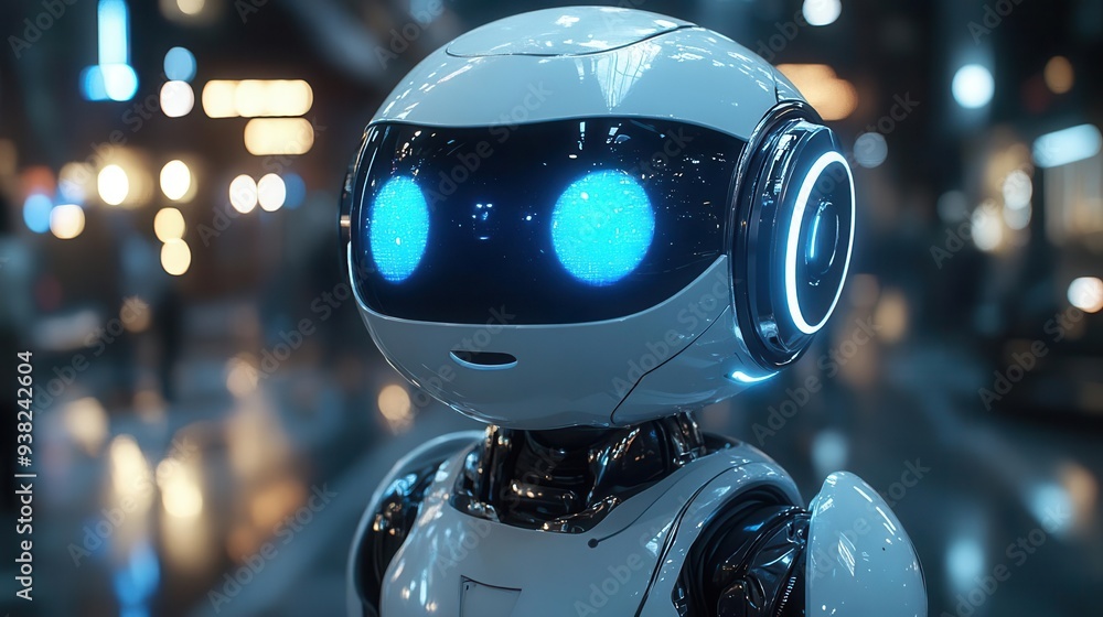 advanced ai chatbot interface sleek white robot with glowing blue eyes conversing on futuristic holographic display advanced ai chatbot interface sleek white robot with glowing blue eyes conversing on futuristic holographic display