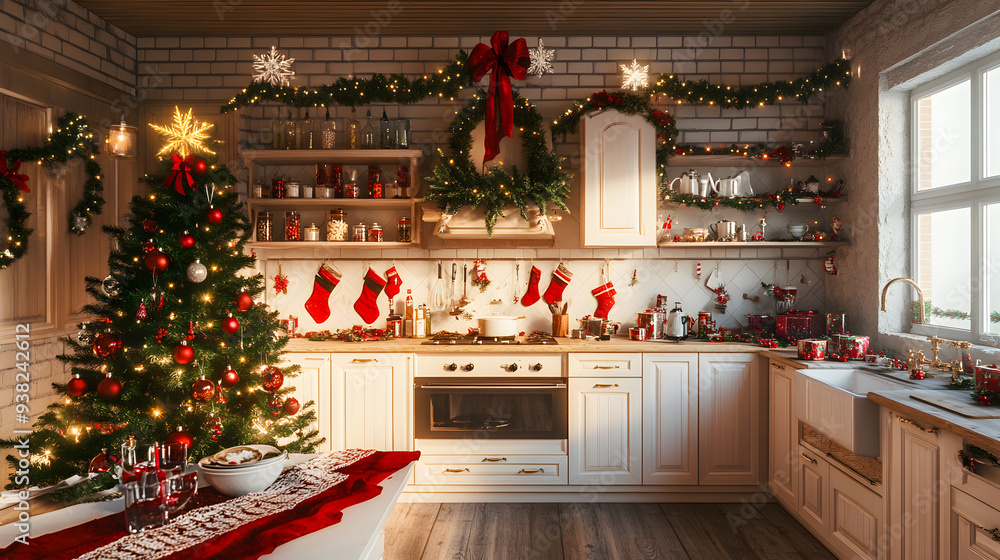 A cozy kitchen decorated for Christmas with a decorated tree, garlands, and a wreath. A cozy kitchen decorated for Christmas with a decorated tree, garlands, and a wreath.