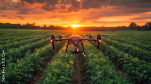 aerial view of a sleek drone spraying fertilizer over lush farmland at golden hour vibrant sunset colors paint the sky casting long shadows across the field