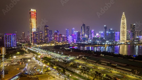 Shenzhen CBD bustling night scene traffic delay