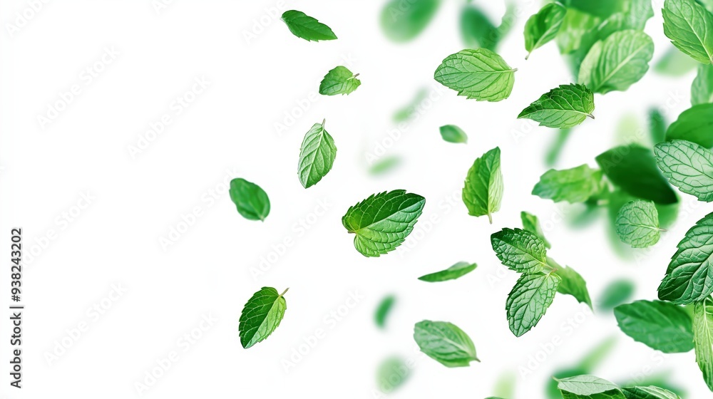 Fresh green mint leaves falling against a white background. Fresh green mint leaves falling against a white background.