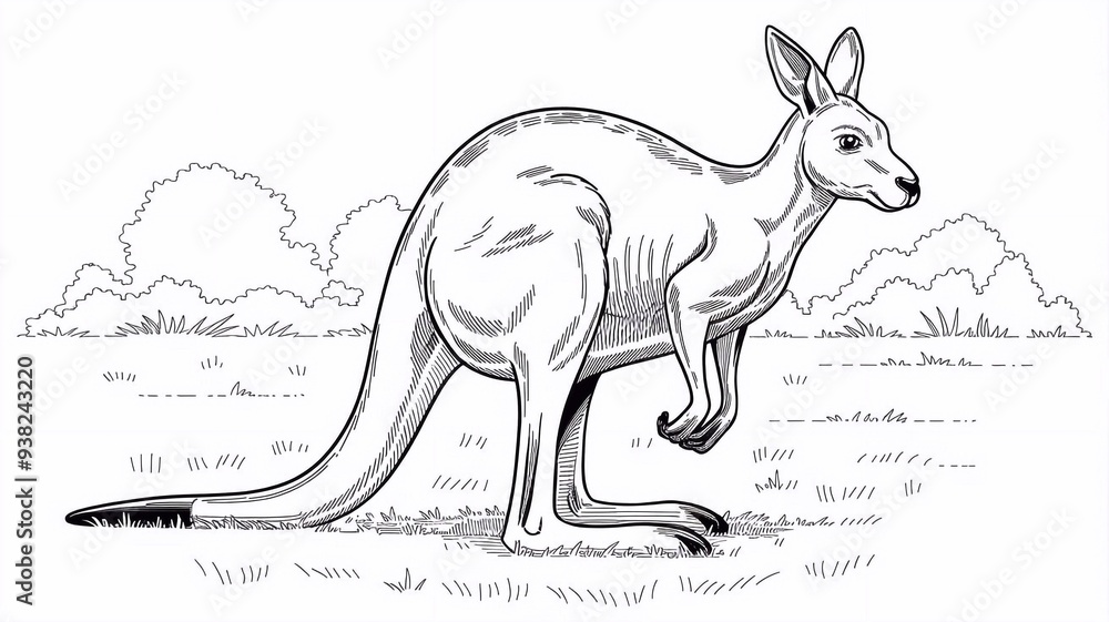 Kangaroo animal in Australia wildlife nature coloring page drawing illustration. Outline contour kindergarten children kids educationbook, mammal character doodle art, hand drawn Kangaroo animal in Australia wildlife nature coloring page drawing illustration. Outline contour kindergarten children kids educationbook, mammal character doodle art, hand drawn