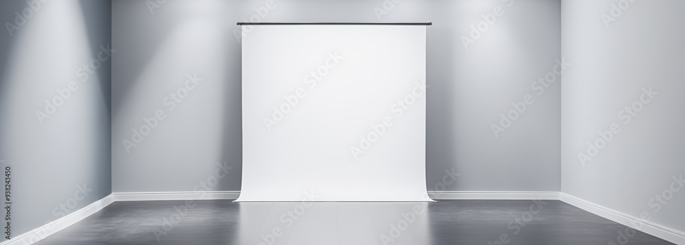 Empty white room with wall and a blank projector screen. Copy space, mockup. Ideal for composition. Empty white room with wall and a blank projector screen. Copy space, mockup. Ideal for composition.